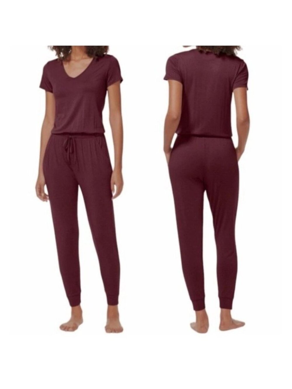 Tommy John Women’s Large Micro Modal Short Sleeve Tie Waist Burgundy Jumpsuit